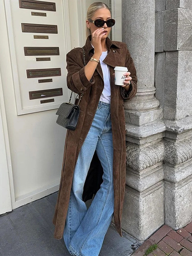 Retro suede long womens jacket casual lapel single chest lace jacket autumn fashion womens jacket retro jacket 241022