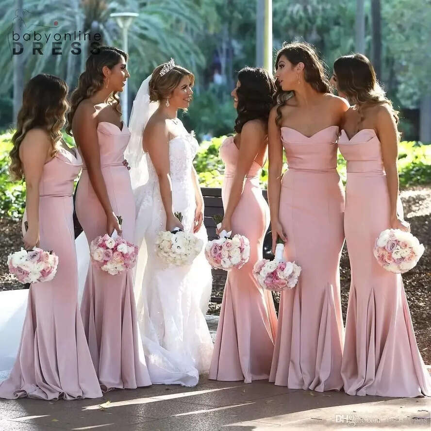 Pink Sweetheart Blush New Satin Mermaid Bridesmaid Ruched Or Length Wedding Guest Long Maid Of Honor Dresses Bm0732