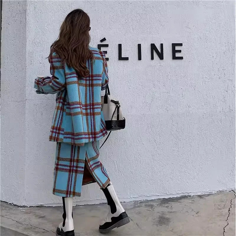 Checkered Suit Jacket for Womens Autumn/Winter Hong Kong Style Retro Small Fragrant Half Skirt Two piece Set Trendy 241023