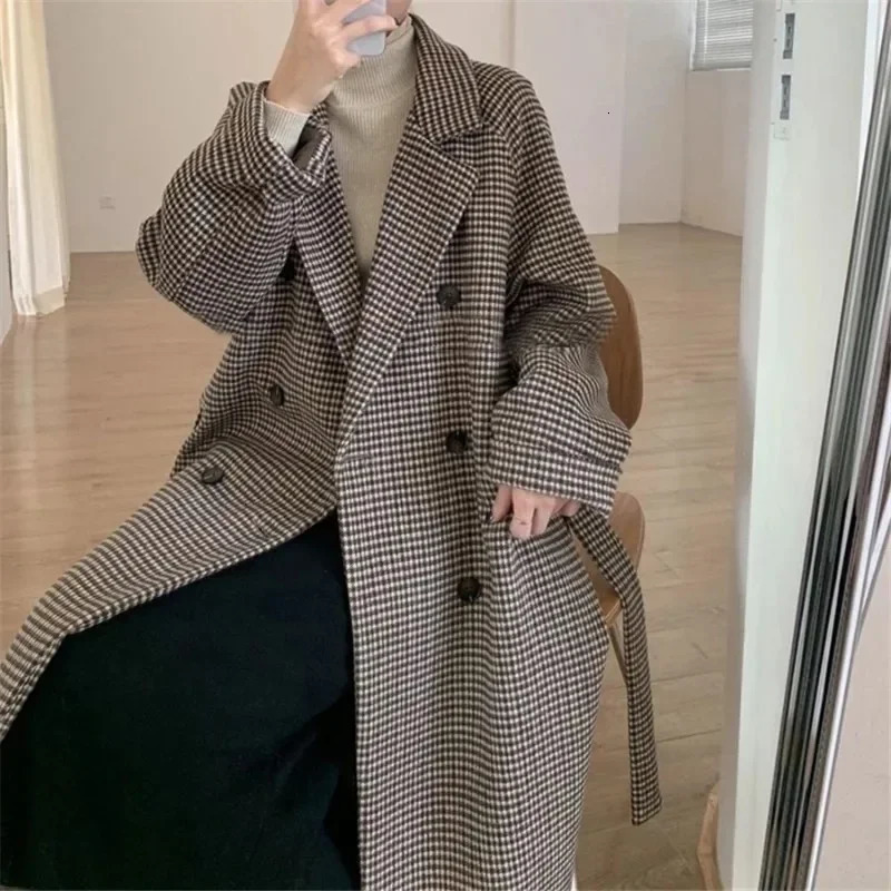 Womens outerwear plain weave tweed wool warm long jacket womens coat Korean fashion coat trench coat autumn/winter 241023