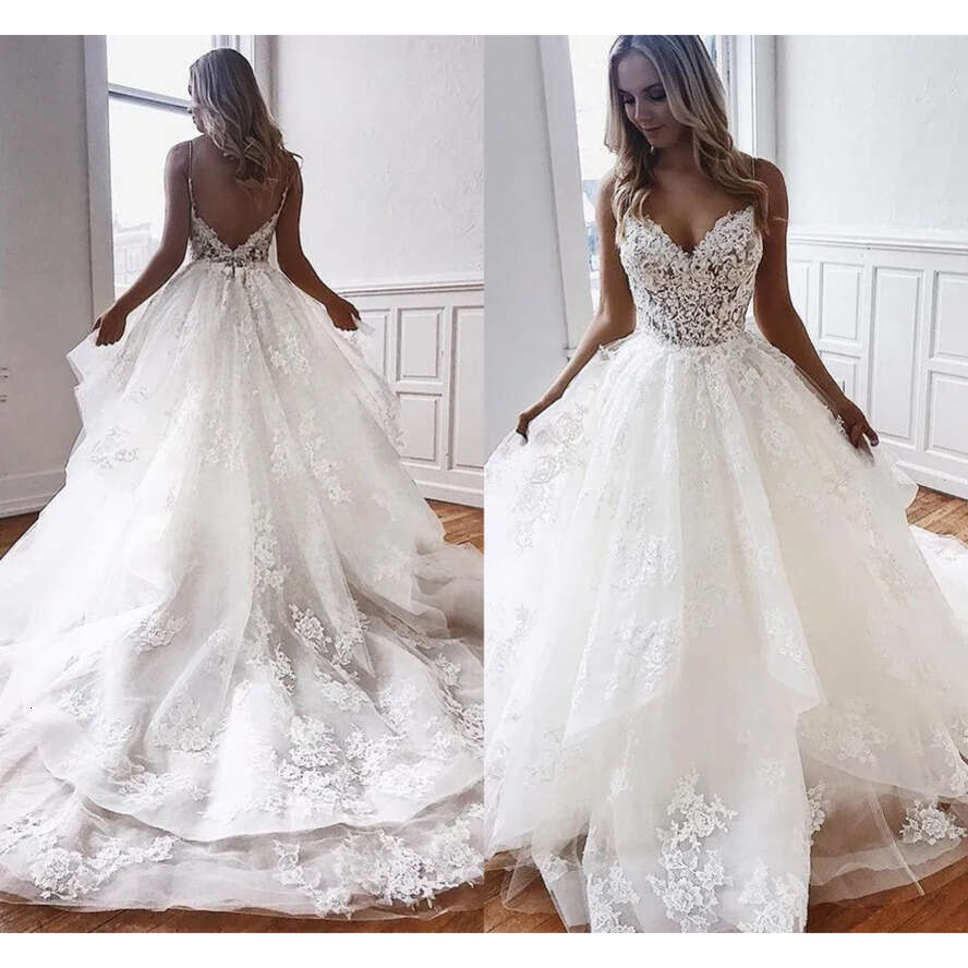 Lace Back Sexy Open Tulle Wedding Dresses A E Spaghetti Straps Appliques Beads Ruffles Long Tran Bridal Gowns Bc3162 ppliques