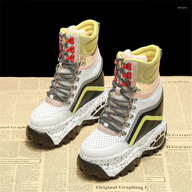 Boots High Top Fashion Sneakers Women Lace Up Genuine Leather Heel Ankle Female Shiny Glitter Round Toe Platform Pumps Shoe