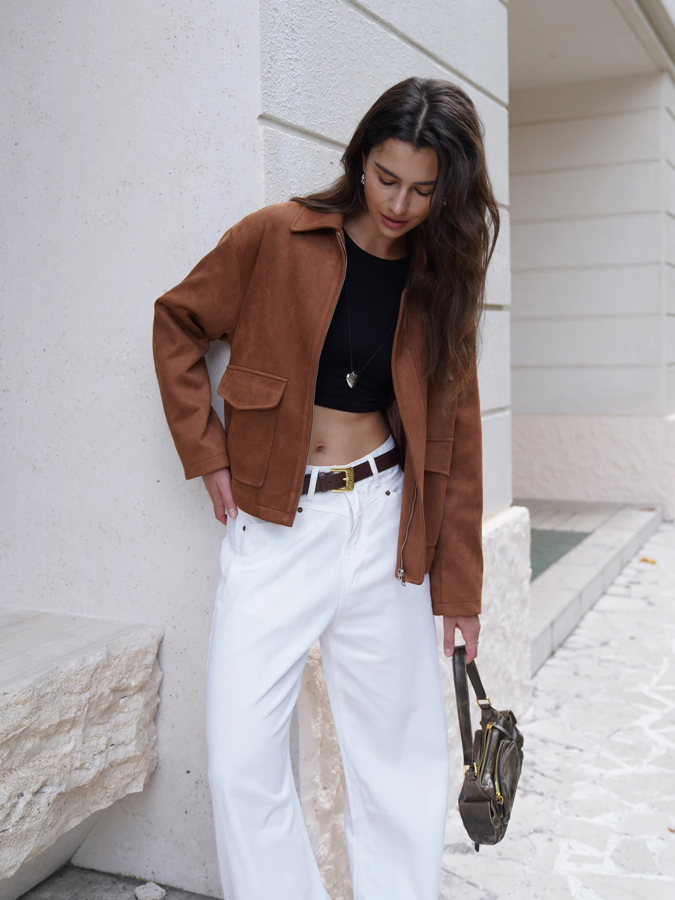 Autumn Womens Basic Short Velvet Pocket Jacket and Coat 241023