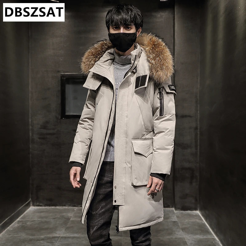 XKK 2025 Fashion Winter Coat Mens Fur Collar Thick Long Coat Mens Hooded Warm Loose Park White Duck Down Coat 241022
