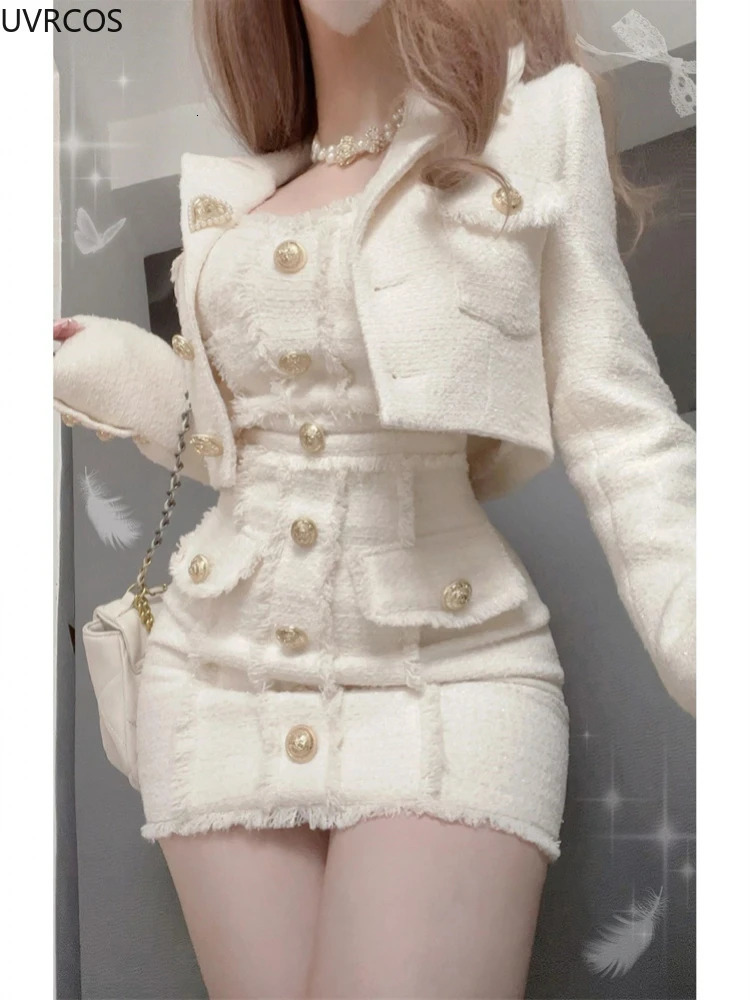 Korean style elegant retro two-piece set womens sweet wool short jacket with tassel mini dress set womens fashion set 241023