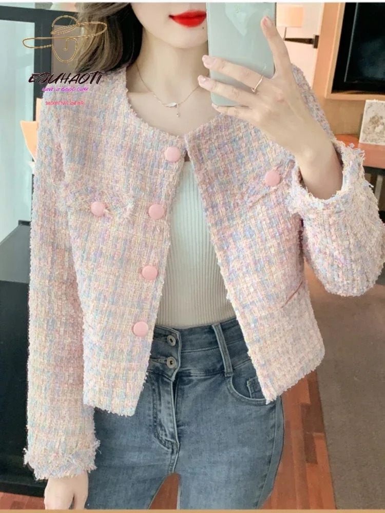 Womens jacket Spring pink tweed small perfume coat Korean fashion senior sensory temperature elegant top 241023
