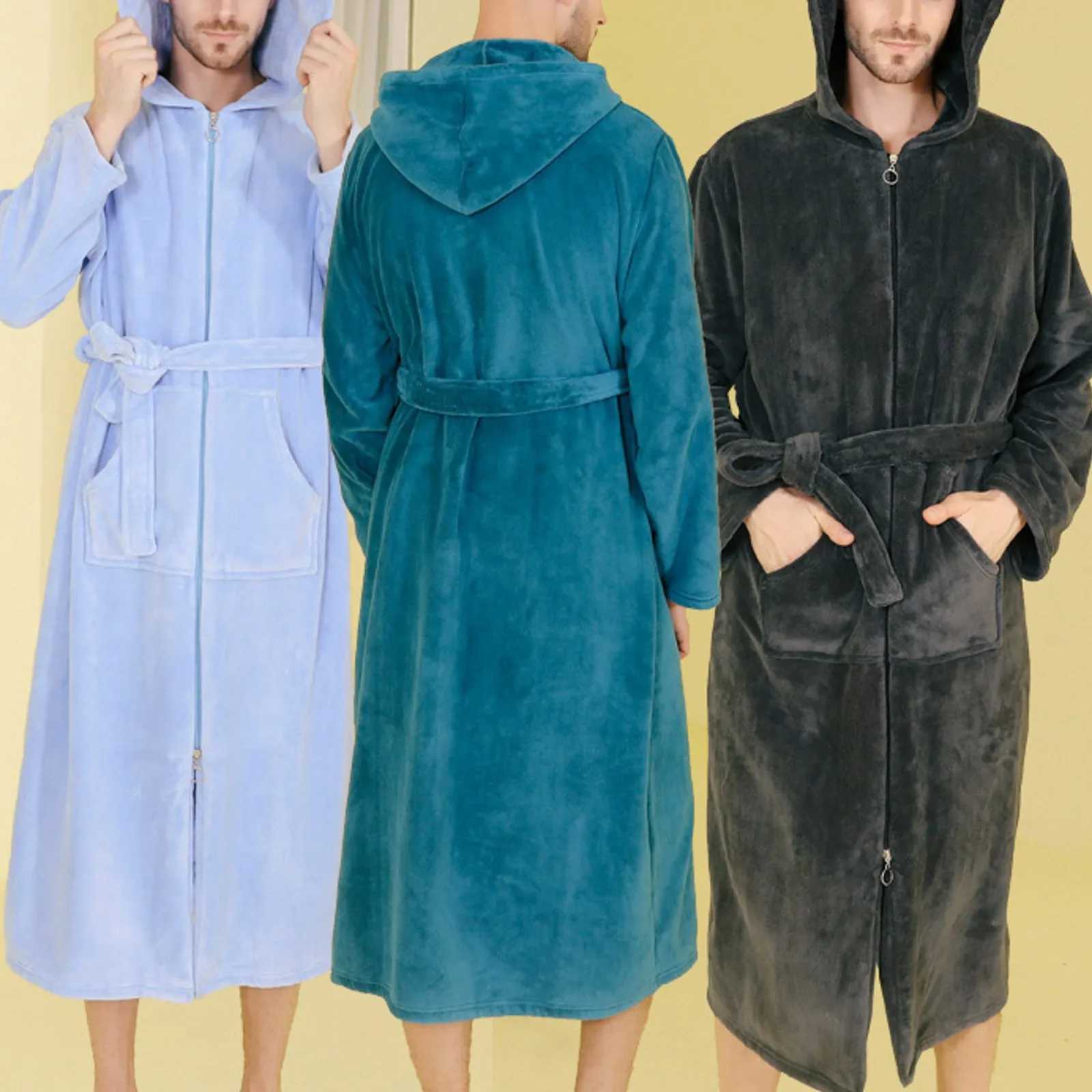 Adult mens bathroom pajamas flannel Spwear loose zipper thick night light bathrobe mens bathtub set W241023