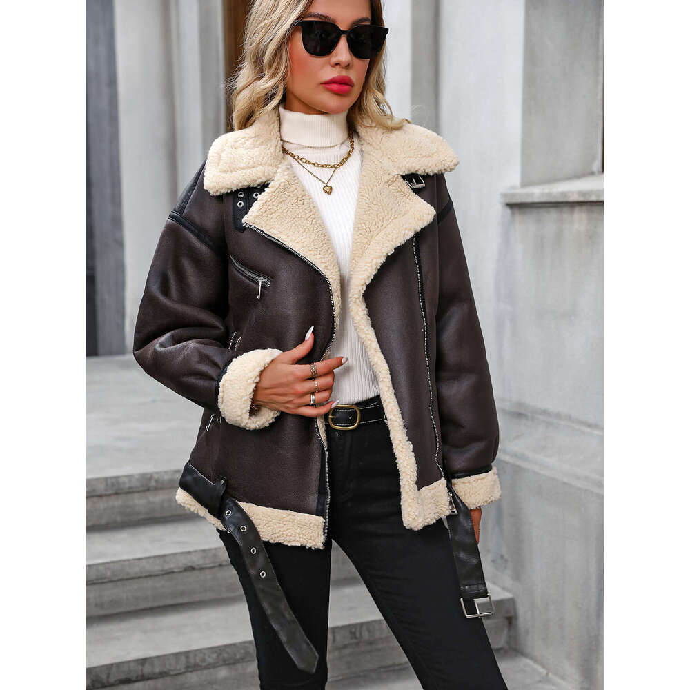 FTLZZ Winter Women Faux Lamb Fur Leather Jacket Casual Lady Thick Warm Coat High Street Motorcycle Outwear