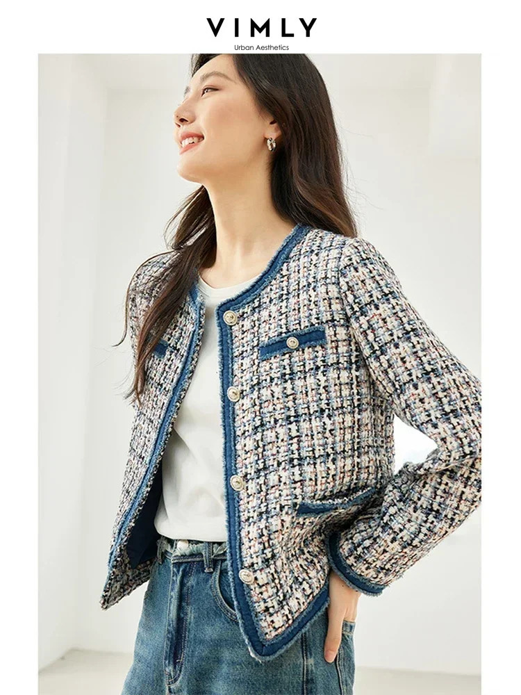 Vimly Plaid womens cut jacket with coarse tweed for spring patch denim elegant and fashionable womens short jacket womens M3288 241023