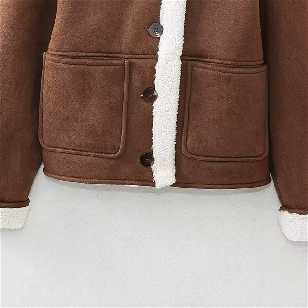 TRAF 2024 Autumn New Product Women's Fur One Piece Fleece Patch Bag With Suede Texture Double Sided Jacket Coat