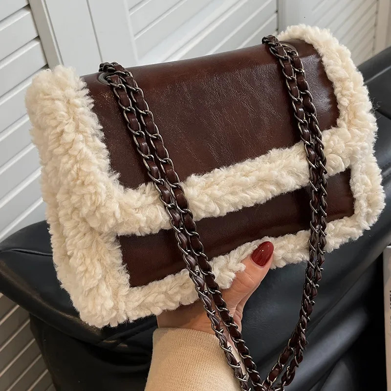 Retro Faux Fur Lambswool Handbag Womens Bag PU Leather Messenger Bags Ladies Tote Purses Chain Shoulder 241017