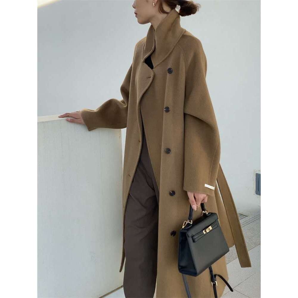 Rose Long Cashmere Coat Women Fashion Loose Lace-Up Stand Collar Double-Sided Single Breasted Woolen Coats Women 2024 New