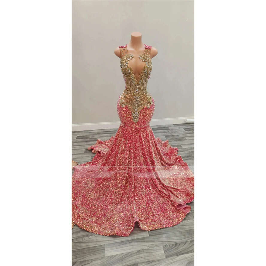 For Dress Pink Prom Black Girls 2024 Beaded Crystal Birthday Party Dresses Sequined Evening Gowns Robe De Bal es