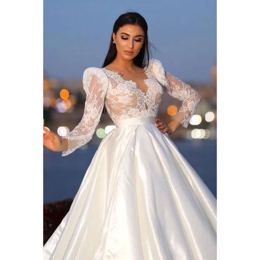 Arabic Lace Sleeve Modest Wedding Dresses A E Sheer Appliques V Neck Satin Long Bridal Gowns With Button Covered Back Bc18523 ppliques