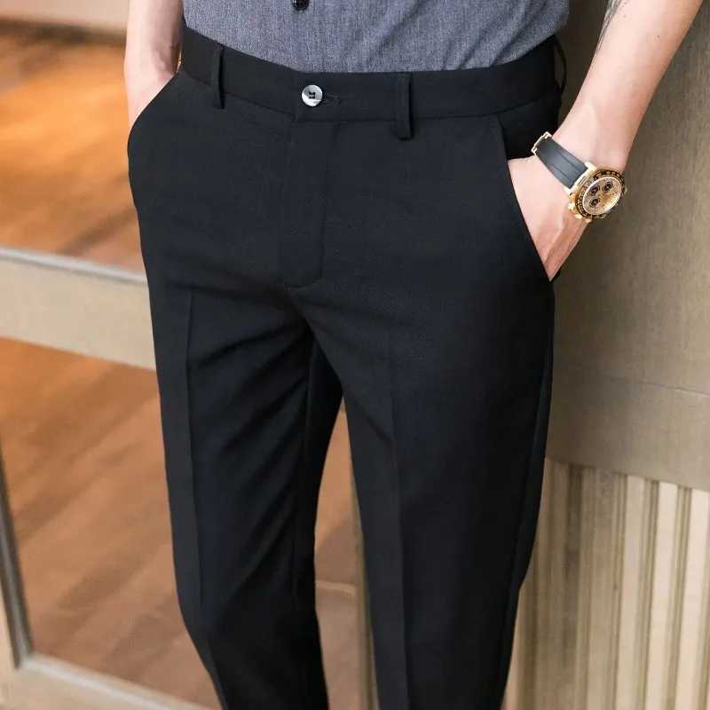 Slim Fit Elastic Draped 9 Cropped Fluid Social Tailoring Mens Summer Pants Business Male Suit Trousers Tressed Stretch ElegantX241023