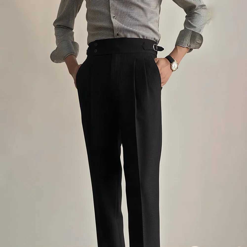 Mens Pants Suit Business British Office Casual Dress Pants Wfle Texture Chic Buckle High Waist Suit Pants Summer Mens ClothingX241023