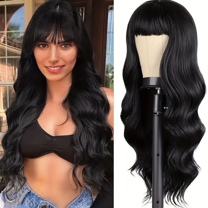 Qi bangs long curly wig big wave wig full head hairstyle fluffy long curly hair