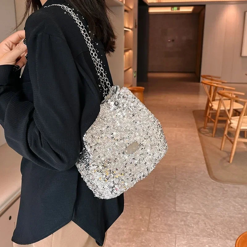 Fashion sequin womens bucket bag handbag womens cross body shoulder bag handbag wallet chain messenger bag womens handbag 241023