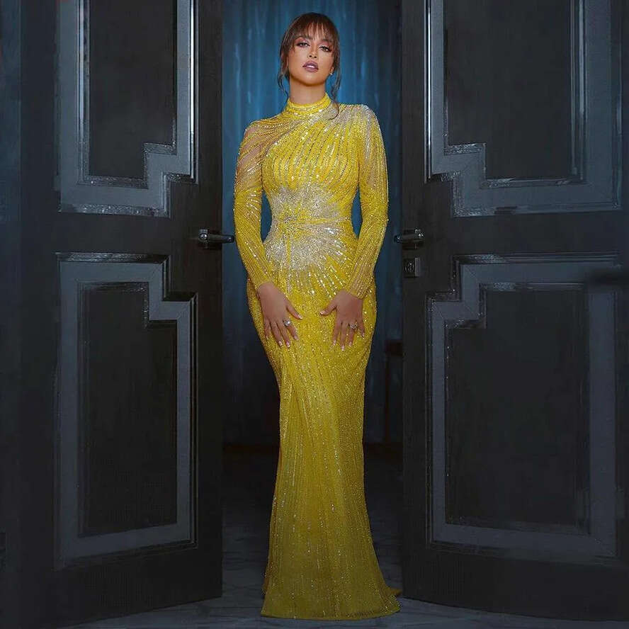 Muslim Elegant Yellow Mermaid Evening Dresses For Women Dubai Long Sleeves Beaded Arabic Formal Party Gowns Bc17007 mal
