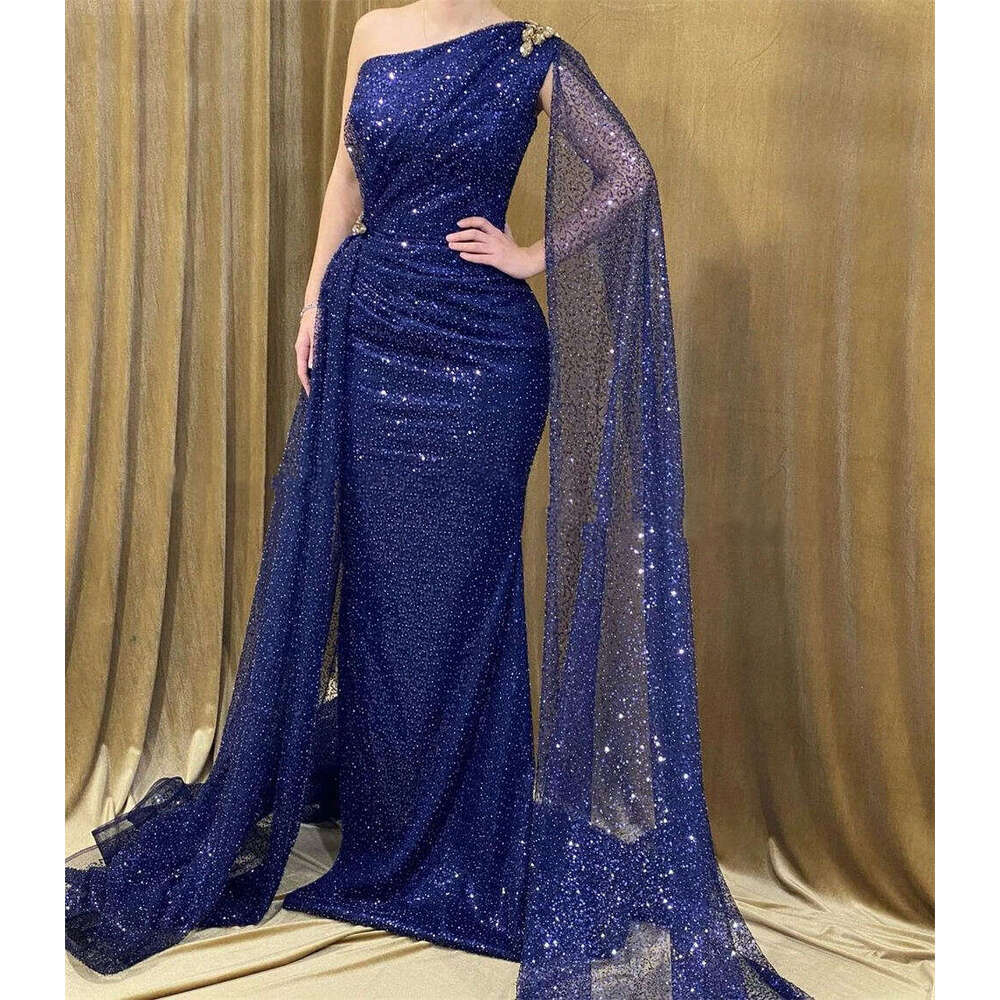Sexy Exquisite Long Evening Dresses Fashion Sparkg Beading Beautiful One Shoulder Sleeve Slimming Mopping Party Prom Gowns