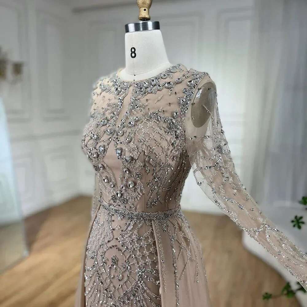Muslim Serene Hill Sier Nude Mermaid Gown With Detachable Overskirt Beaded Evening Dress For Women Party 2024