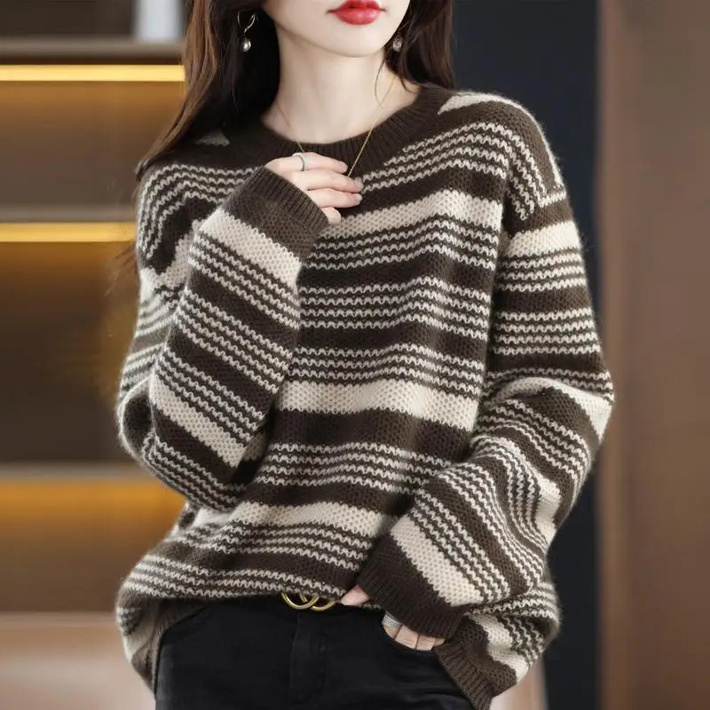Street Casual Autumn Winter Long Sleeve Knitting Striped Loose Pullovers Top Allmatch Sweaters Vintage Fashion Women Clothing 241021