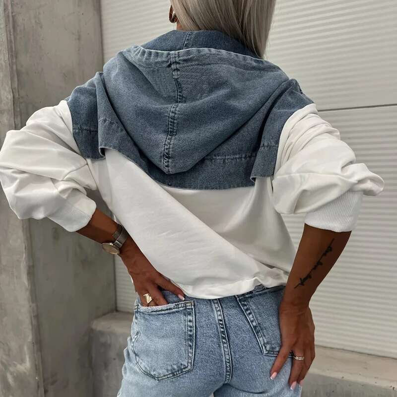High end Women Elegant Denim Female Hoodie Sweatshirt Fashion Stitching Drawstring Hooded Ins High Street Jeans Long Sleeve