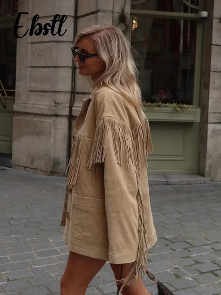 Retro artificial suede fringe jacket for women elegant long sleeved single breasted lapel jacket autumn womens loose city jacket 241023