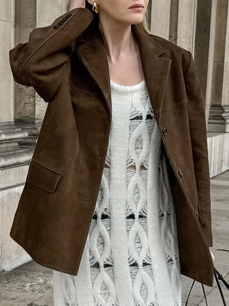 Brown suede womens loose single chest pocket lapel jacket autumn womens retro jacket 241023