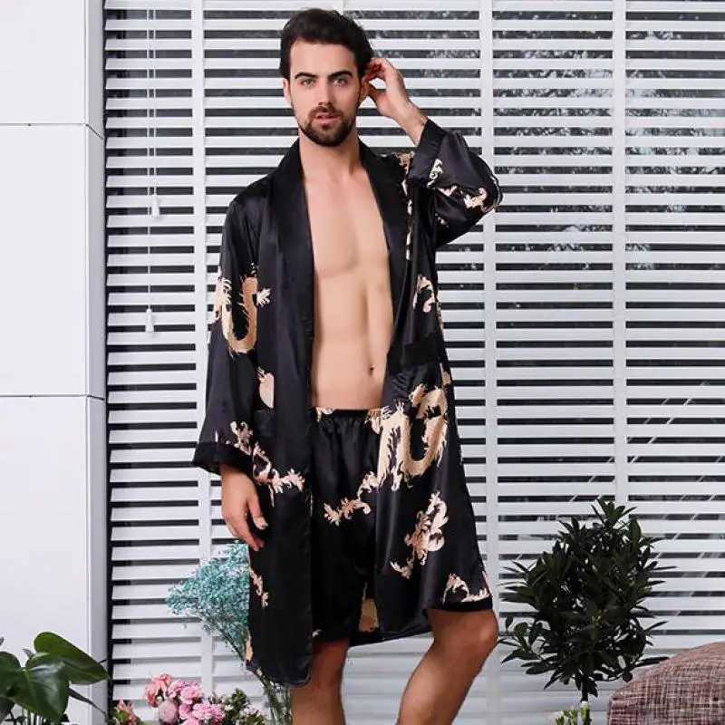 Large size 4XL 5XL mens satin robe set Dragon print 2PCS Spwear Silky Nighty Rob set mens casual kimono loose home textile W241023