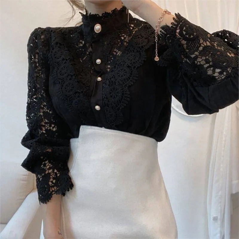 Elegant Stand Collar Long Sleeve Single Breasted Shirt Top Womens Fashion Spring Solid Color Lace Hollow Office Female 241022