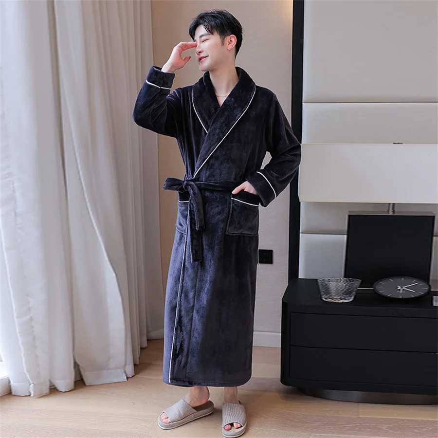 Mens Winter Thick Flannel Robe V-neck Warm Bathtub with Belt Mens Fluffy Shower Dress Mens Spwear Home Clothes W241023