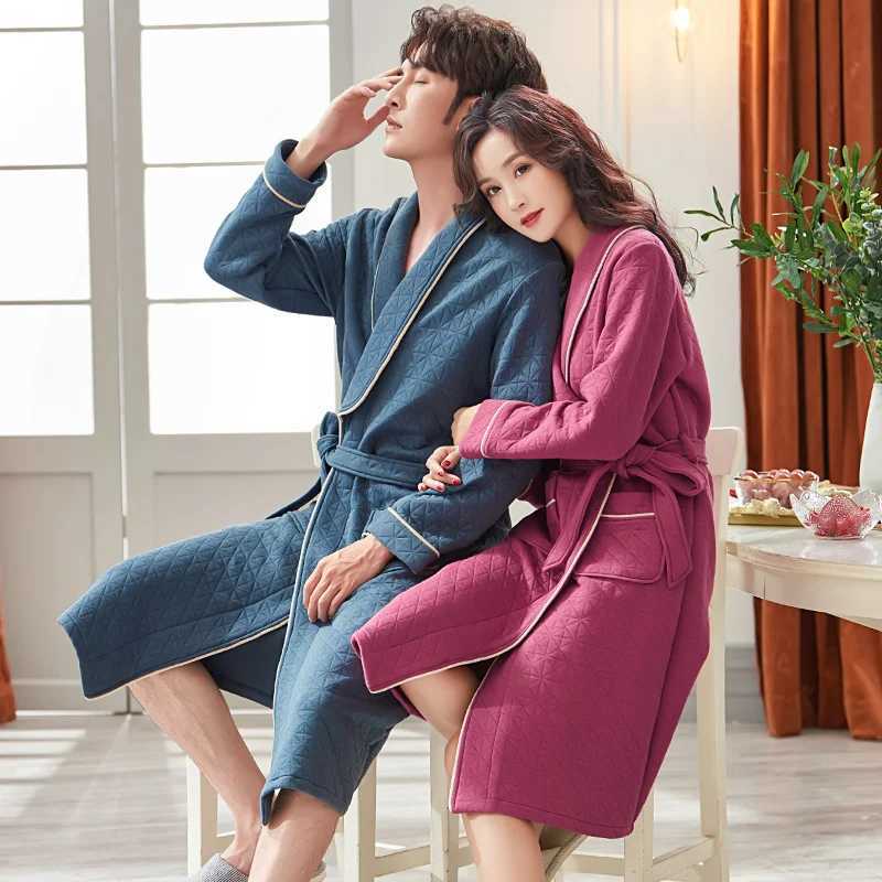 Thr Layers Cotton Couples Bathrobes thin duvet cover V-neck long Sve Lover mens kimono warm mens bathroom jacket W241023
