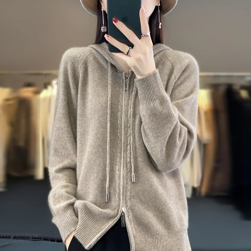 100% cashmere sweater womens hooded cardigan fashionable loose cashmere sweater womens thick top Korean version 241022