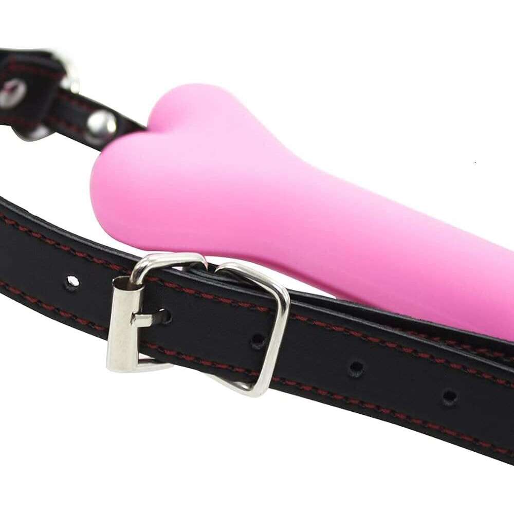 Romi Bondage Silicone Leather Dog Bones Gag Mouth Pet Bone Bite Ball Gag BDSM Fetish Slave Restraints Sex Toys (Pink)
