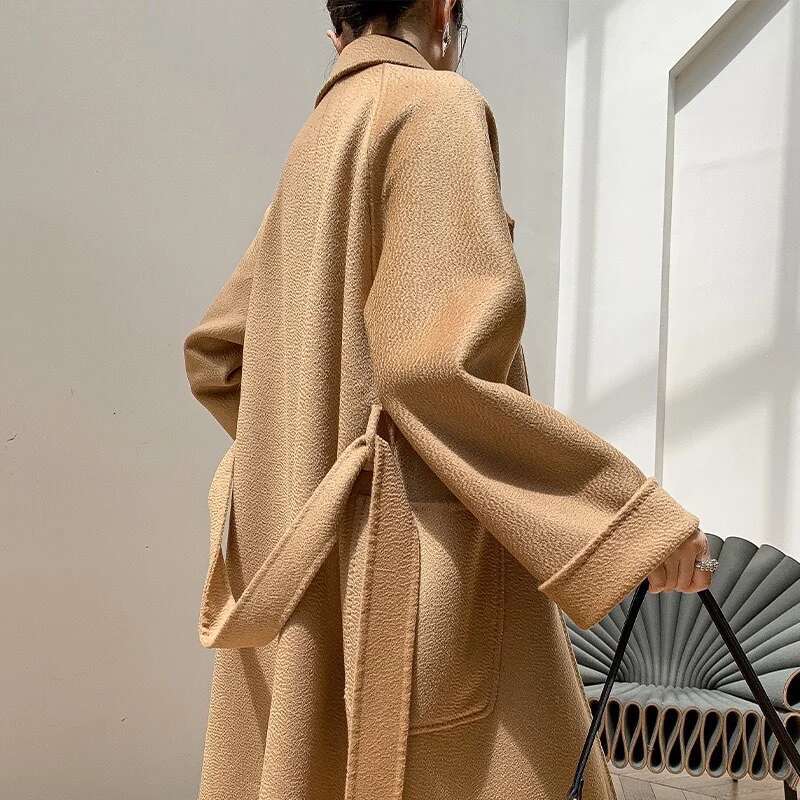 Rose Bathrobe Water Ripple Cashmere Wool Mid-Length Coat Women Elegant Fashion Loose Laepl Pocket Woolen Coats Autumn Winter