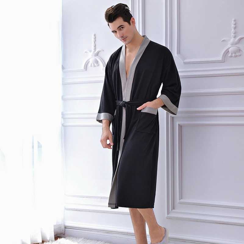 Spring and summer mens Sp long robe cotton Wfle Bathrobes gray warm soft evening gown plus size robe M XL XXL W241023