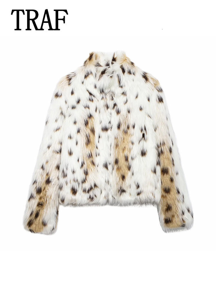 TRAF Women's Fluffy Faux Fur Warm Fashion Animal Print Long Sleeve Overcoats Thick Outerwear Casual Coat Female