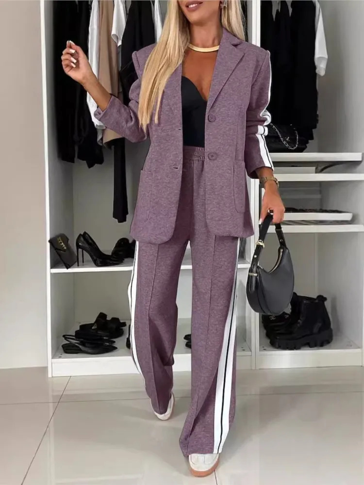 2024 Autumn And Winter New Long Sleeves Women's Suit Fashion Pimp Ing Pants Pocket Female Office Blazer 2 Piece Set