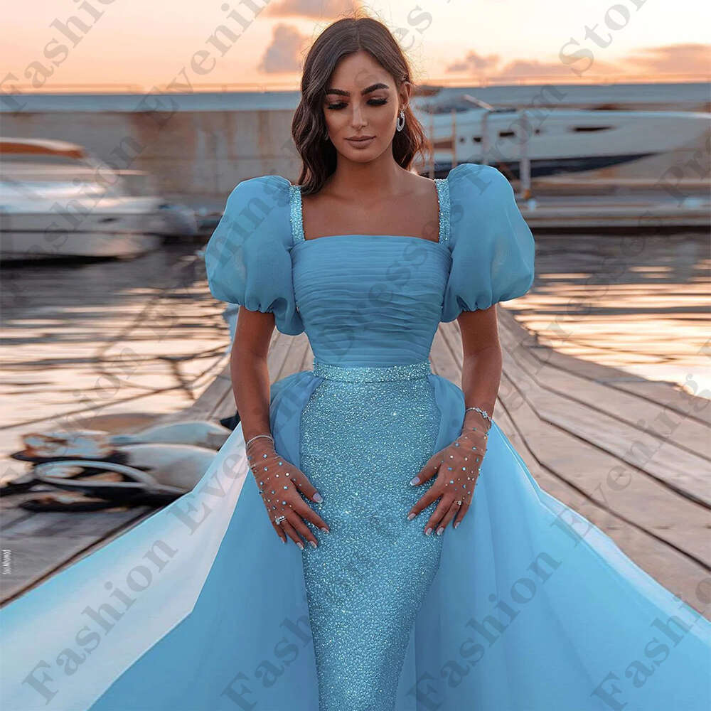 Beautiful Evening Dresses For Women Square Neck Short Sleeves Elegant Fluffy Princess Style Mopping Party Prom Gowns