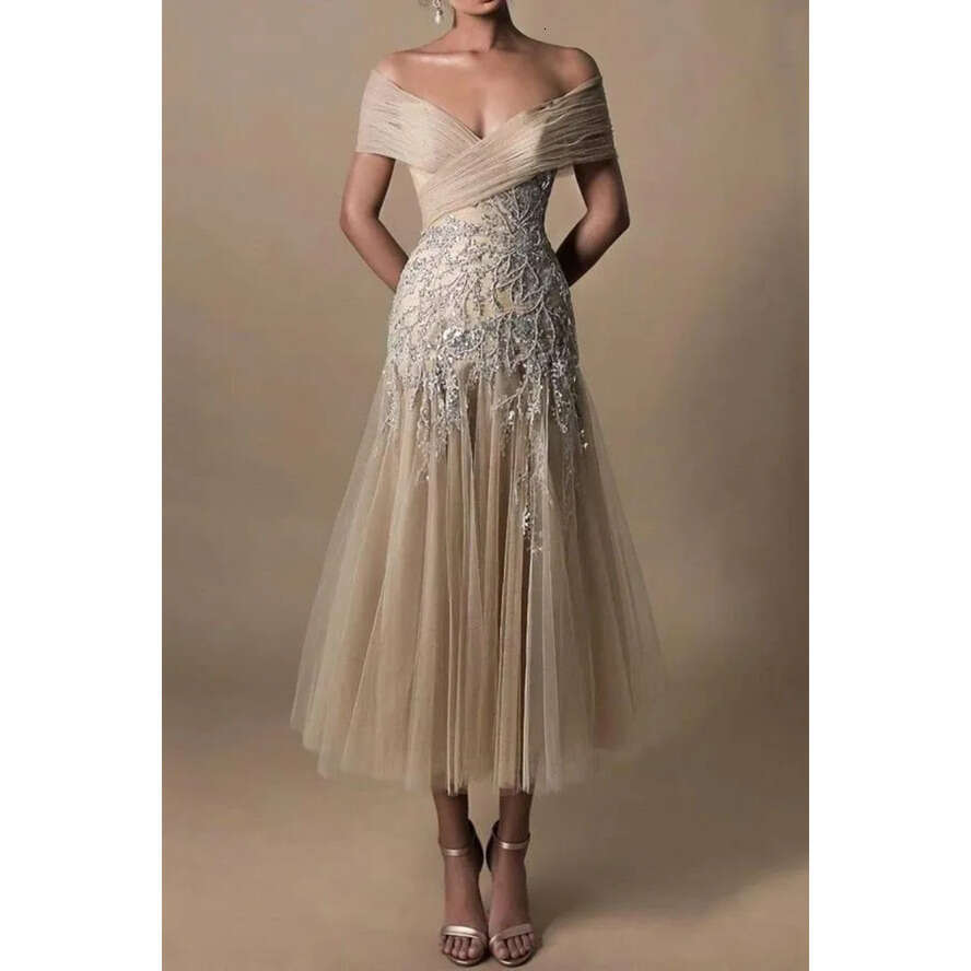 Champagne Tea Length Modest Mothe Dresses Elegant Off Shoulder A E Backless Appliques Tulle Short Evening Prom Tail Gowns Plus Size Bc16952 ppliques v