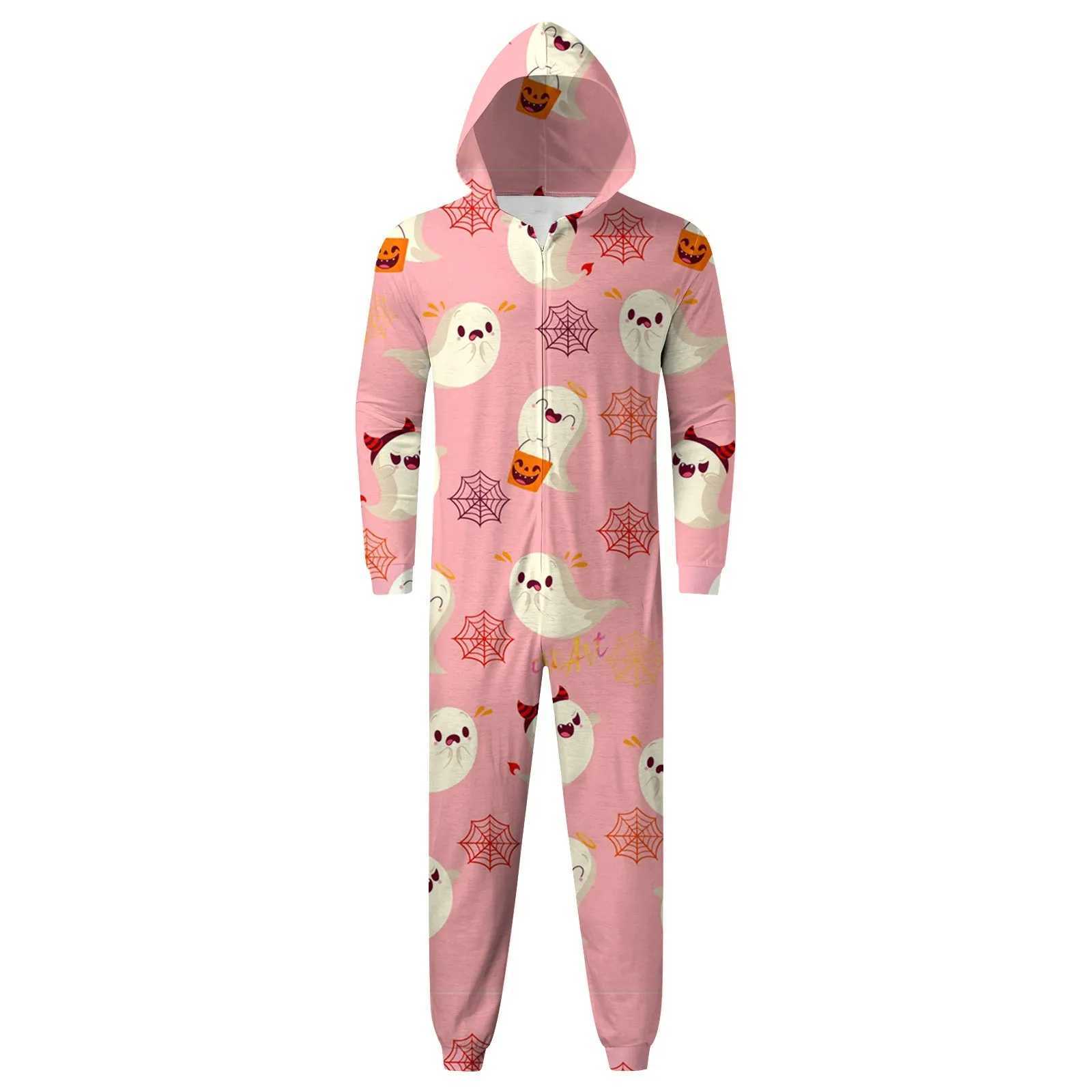 Halloween Family Costume Specter Cute Print Hooded Zipper Family Jumpsuit Family Christmas Pajamas Halloween Parent Child OutfitXJ241008