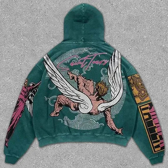 American Hoodie Y2K Clothing Original Gothic Hip Hop Angel Graphic Printing Oversized Retro Hoodie Sportswear Mens Zipper Hoodie 241011