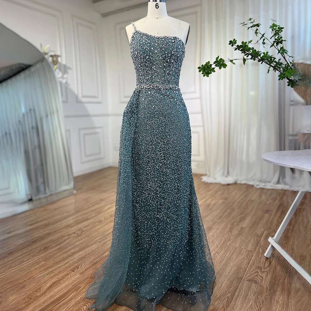 Serene Hill Turquoise Mermaid One Shoulder With Overskirt Beaded Evening Dresses Gowns 2024 For Women Party