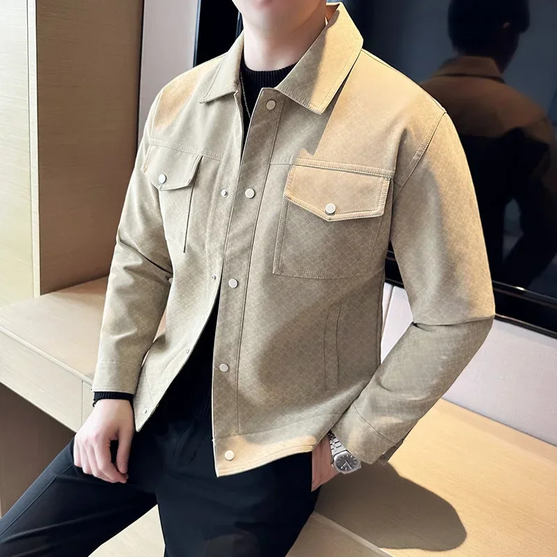 autumn full pattern PU leather jacket fashion lapel short motorcycle jacket mens ultra-thin casual business jacket 241023