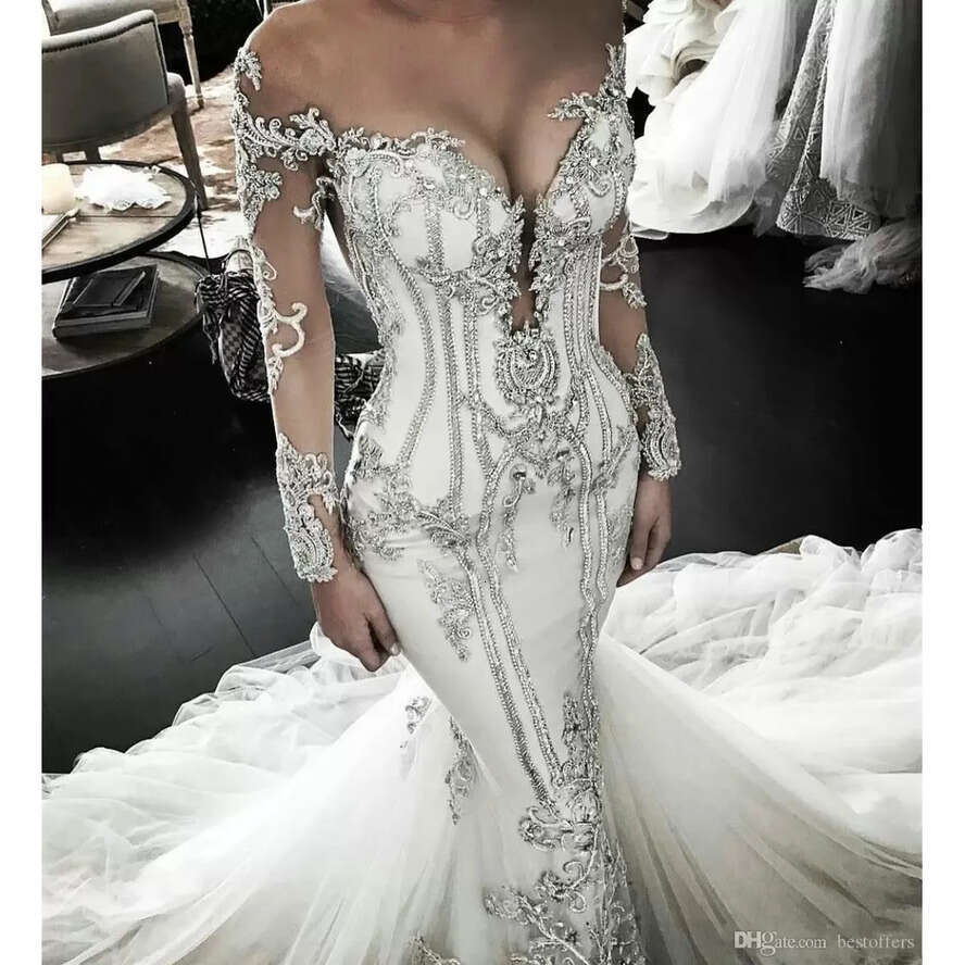 Sleeve Mermaid Long Vintage Wedding Dresses Crystal Beaded Plus Size Bridal Dress Sweep Train Sheer Jewel Neck Vestido De Novia