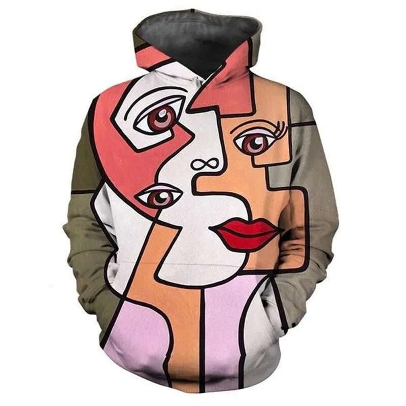 Abstract Face Art Pattern D Printing Hoodies Long Sleeve Oversize Pullover Hoodie Streetwear Men Clothes Autumn Swearshirt