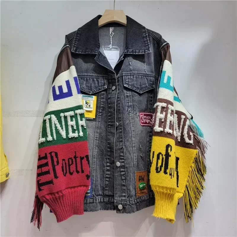 Letter badge denim jacket with spliced sleeves sweater with ruffled edges denim jacket streetwear wool sweater 241022