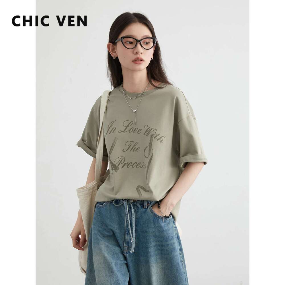 CHIC VEN Women T-Shirts New Minimalist Cotton Letter Printed Knitted T-Shirt Loose Short Sleeved Female Top Spring Autumn