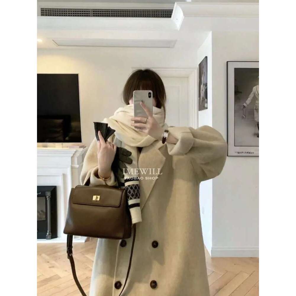 Rose Gray Double-Sided Cashmere New Winter Korean Comfort Rabbit Fashion Long Loose Wool Coat Women